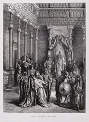 La regina Ester sviene davanti al re, Illustrazione dalla Bibbia di Doré
