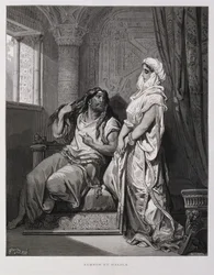 Sansone e Dalila, Capitolo 16 del Libro dei Giudici, Antico Testamento, illustrazione dalla Bibbia di Doré