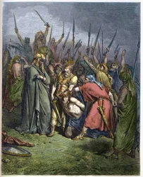 Samuele uccide Agag - La decapitazione di Agag, re degli Amaleciti, da parte del profeta Samuele - incisione nella «Bibbia illustrata» di Gustave Doré (1832-1883) - incisione dalla «Bibbia di Doré»