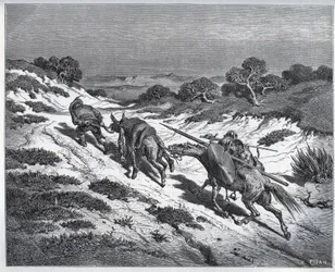 Sancho Panza, Don Chisciotte e le loro cavalcature dopo la sconfitta contro gli Yangers - da „Don Chisciotte della Mancia“ di Miguel de Cervantes (1547-1616) - Xilografia da un disegno di Gustave Doré