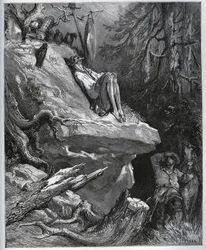 Sancho Panza trova il suo padrone, sempre in penitenza - da "Don Chisciotte della Mancia" di Miguel Cervantes (1547-1616) - xilografia dopo disegno di Gustave Doré