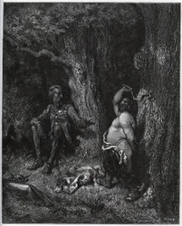Sancho Panza vola davanti a Don Chisciotte per adempiere al desiderio di Merlino e così disincantare Dulcinea del Toboso. Don Chisciotte lo esorta a moderare i suoi ardori - da 