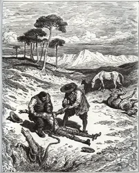 Sancho e il cugino tirano fuori Don Chisciotte (addormentato) dalla grotta di Montesinos - da Don Chisciotte della Mancia di Miguel Cervantes (1547-1616) - xilografia su disegno di Gustave Doré