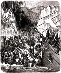 Sindbad il marinaio (Sinbad) - racconto delle mille e una notte (1001) - illustrazione di Gustave Doré - Terzo viaggio: una tempesta getta la nave di Sindbad e dei suoi compagni su un