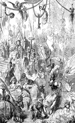 Sindbad il marinaio (Sinbad) - racconto delle mille e una notte (1001) - illustrazione di Gustave Doré - Edizione Maxwell 1865 - Sesto viaggio - questa incisione può rappresentare la corte del re di Serendib o quella del califfo Haroun al-Rashid
