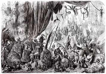 Sindbad il marinaio - racconto delle mille e una notte - illustrazione di Gustave Doré - edizione Maxwell 1865 - Sesto viaggio: la corte del re di Serendib