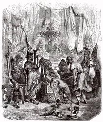 Sindbad il marinaio - racconto delle mille e una notte - illustrazione di Gustave Doré - edizione Maxwell 1865 - Prologo: un povero portatore (Hinbad) si presenta davanti a Sindbad, ormai vecchio e ricco. Quest
