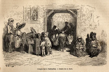 Schizzo dal vivo: mendicanti a Valpadenas (Canale). Incisione per illustrare il viaggio in Spagna di Gustave Doré (1832-1883) illustratore e Barone Ch. Davillier, nel 1862, pubblicato in "Le tour du monde, nouveau journal des voyages"