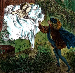 "La bella addormentata" Il principe azzurro si avvicina alla bella principessa addormentata. Incisione di Gustave Dore (1832-1883) per "Les tales" di Charles Perrault (1628-1703)