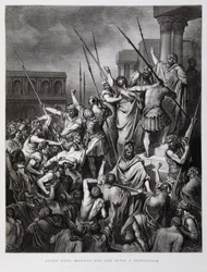 San Paolo attaccato dagli ebrei di Gerusalemme, illustrazione dalla Bibbia di Doré