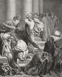 I compratori e i venditori cacciati dal tempio, Luca 19:45-46, illustrazione dalla 