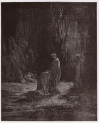 La Divina Commedia, Purgatorio, Canto 7: Il poeta Sordello, stupito, si inginocchia davanti a Virgilio - di Dante Alighieri (1265-1321) - Illustrazione di Gustave Doré (1832-1883).