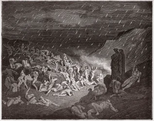 La Divina Commedia, Inferno, Canto 14: I violenti, tormentati nella pioggia di fuoco - di Dante Alighieri (1265-1321) - Illustrazione di Gustave Doré (1832-1883)