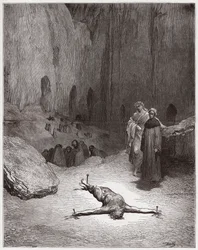 La Divina Commedia, Inferno, Canto 23: Un fariseo crocifisso tra gli ipocriti - di Dante Alighieri (1265-1321) - Illustrazione di Gustave Doré (1832-1883)