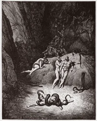 La Divina Commedia, Inferno, Canto 25: Agnello che si trasforma in serpente - di Dante Alighieri (1265-1321) - Illustrazione di Gustave Doré (1832-1883).