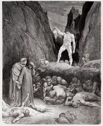 La Divina Commedia, Inferno, Canto 28: La testa mozzata di Bertrand de Born parla a Dante - di Dante Alighieri (1265-1321) - Illustrazione di Gustave Doré (1832-1883).