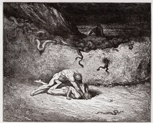 La Divina Commedia, Inferno, Canto 30: Il tormento dei falsari nella nona bolgia (Gianni Schicchi) - di Dante Alighieri (1265-1321) - Illustrazione di Gustave Doré (1832-1883)