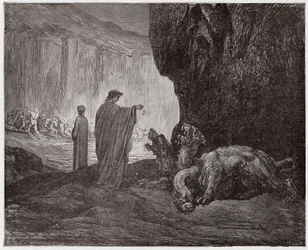 La Divina Commedia, Inferno, Canto 6: Virgilio nutre Cerbero nel terzo cerchio - di Dante Alighieri (1265-1321) - Illustrazione di Gustave Doré (1832-1883)