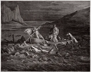 La Divina Commedia, Inferno, Canto 8: Flegias traghetta Dante e Virgilio attraverso lo Stige - di Dante Alighieri (1265-1321) - Illustrazione di Gustave Doré (1832-1883)
