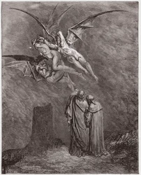 La Divina Commedia, Inferno, Canto 9: Le orribili Erinni: Megaera, Tisifone, Aletto - di Dante Alighieri (1265-1321) - Illustrazione di Gustave Dore (1832-1883)