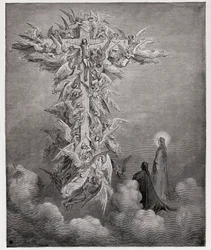 La Divina Commedia, Paradiso, Canto 14: Dante e Beatrice vedono gli angeli con Cristo sulla croce - di Dante Alighieri (1265-1321) - Illustrazione di Gustave Doré (1832-1883)