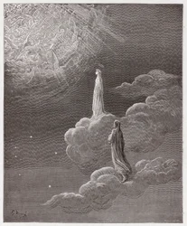 La Divina Commedia (La Divina Commedia, La Divine Comédie), Paradiso, Canto 14: Dante e Beatrice trasportati nella sfera di Marte - di Dante Alighieri (1265-1321) - Illustrazione di Gustave Doré (1832-1883)