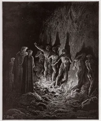 La Divina Commedia, Purgatorio, Canto 25: I lussuriosi passano attraverso il fuoco nel settimo cerchio - di Dante Alighieri (1265-1321) - Illustrazione di Gustave Doré (1832-1883).