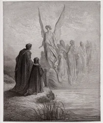La Divina Commedia, Purgatorio, Canto 2: Il pilota celeste sbarca la barca - di Dante Alighieri (1265-1321) - Illustrazione di Gustave Doré (1832-1883).