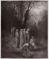 La Divina Commedia, Purgatorio, Canto 33: Dante beve dal fiume Eunoè - di Dante Alighieri (1265-1321) - illustrazione di Gustave Doré (1832-1883)