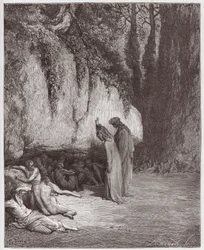 La Divina Commedia, Purgatorio, Canto 4: Le anime indolenti accanto alla roccia - di Dante Alighieri (1265-1321) - Illustrazione di Gustave Doré (1832-1883)