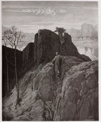 La Divina Commedia, Purgatorio, Canto 4: Virgilio guida Dante su per il ripido pendio - di Dante Alighieri (1265-1321) - Illustrazione di Gustave Doré (1832-1883).