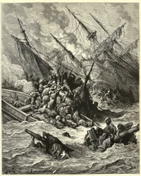 "Battaglia navale di Lepanto": alleanza tra Spagna e Venezia e forze del Papa contro gli Ottomani nel 1571 al largo della Grecia. Incisione di Gustave Dore (1832-1883) da "Storia delle Crociate" di Joseph Francois Michaud