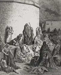 Il popolo in lutto sulle rovine di Gerusalemme, Lamentazioni 1:1-2, illustrazione dalla 