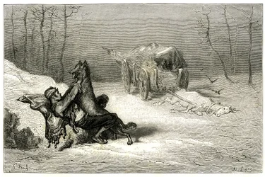 Il brigante Agostin è attaccato da un lupo, vicino al cavallo morto ancora nel carro abbandona i comici, o nasconde la piccola Chiquita. Incisione di Gustave Doré che illustra il romanzo di Théophile Gautier 