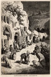 Le grotte (case sotterranee) degli zingari, a Sacro Monte, a Granada. Disegno di Gustave Dore per illustrare il suo viaggio in Spagna nel 1862, accompagnato da Ch. Davillier. Incisione in "Le tour du monde", a cura di Edouard Charton