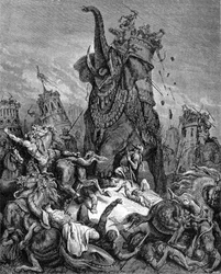 La morte di Eleazaro Maccabeo (Maccabee o Macabee), giovane fratello di Giuda Maccabeo, sotto il regno di Antioco IV Epifane (175-164 a.C.). Viene schiacciato da un elefante. “La Bibbia”, illustrata da Gustave Doré. Incisione del XIX secolo.