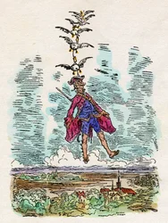 Le anatre sollevano in aria il barone di Munchhausen (Munchausen). Illustrazione di Gustave Dore (1832-1883) per "" Le meravigliose avventure terrestri e marine del Barone di Munchausen" di Rudolf Erich Raspe (1737-1794).