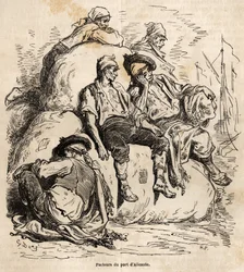 Il riposo dei portatori del porto di Alicante, schizzo dal vivo di Gustave Doré, per illustrare il suo viaggio in Spagna, nel 1862, con Ch. Davillier. Incisione in "Le tour du monde", a cura di Edouard Charton