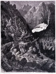 Il vecchio che tiene una borsa e il suo bastone camminando in un paesaggio ostile è sovrastato da un angelo che agita una lancia di fuoco, Piatto VII - Illustrazione di Gustave Doré per La leggenda del Giudeo errante di Pierre Dupont, edizione Librairie du