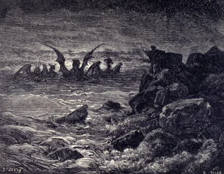 Il profeta Daniele vede apparire mostri: Haniel, Kafziel, Azriel, Aniel. Incisione dalla Bibbia illustrata da Gustave Doré. XIX secolo