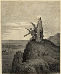 "La tentazione di Cristo" Gesù conduce nel deserto e viene tentato dal diavolo. Illustrazione di Gustave Dore (1832-1883) per la Bibbia. 1866