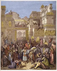 Il trionfo di Mardocheo (o Mordecai) - incisione in "La Bibbia illustrata" di Gustave Doré (1832-1883) - Incisione da "La Bibbia di Doré"