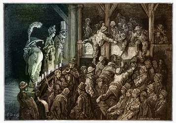Teatro: il pubblico durante una rappresentazione teatrale. Incisione colorata da ""Londra, un pellegrinaggio"" illustrata da Gustave Dore (1832-1883).