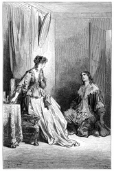 Vallombreuse si inginocchia davanti a Isabelle, di cui è innamorato. Incisione di Gustave Doré che illustra il romanzo di Théophile Gautier "Le capitaine Fracasse", edizione Charpentier 1863.