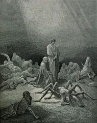 Virgilio (70-19 a.C.) e Dante che guardano la donna ragno, illustrazione da 