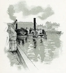 Barche che ormeggiano nel porto di La Villette, Parigi. Disegno di Gustave Fraipont (1849-1923) da “La Seine à travers Paris” di Saint-Juirs