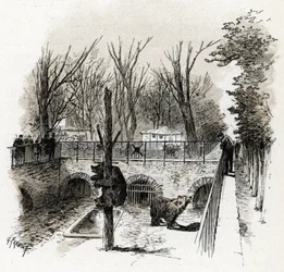 Veduta della fossa degli orsi nello zoo del Jardin des Plantes, Parigi. Disegno di Gustave Fraipont (1849-1923) tratto da «La Seine à travers Paris» di Saint-Juirs