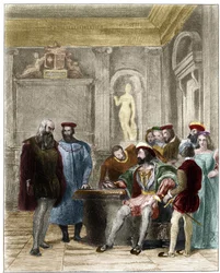 Leonardo da Vinci alla corte del re di Francia Francesco primo (incisione del XIX secolo di Gustave Greux)