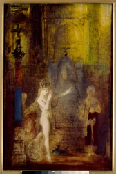 Salomè danza davanti a Erode. Salomè danza nella sala del banchetto di Erode. Erode, seduto su un alto trono, è affascinato dalla bellezza della maga.