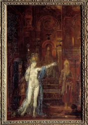 Tatuaggio di Salomè. Salomè danza nella sala del banchetto di Erode. Erode, seduto su un alto trono, è affascinato dalla bellezza della maga. Dipinto di Gustave Moreau (1826-1898)